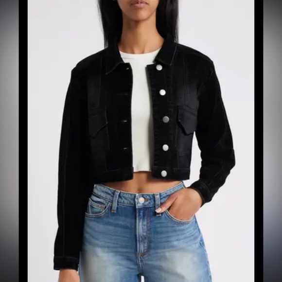 Ptcl Jackets & Blazers - PTCL Cropped Flocked Denim Jacket in Black